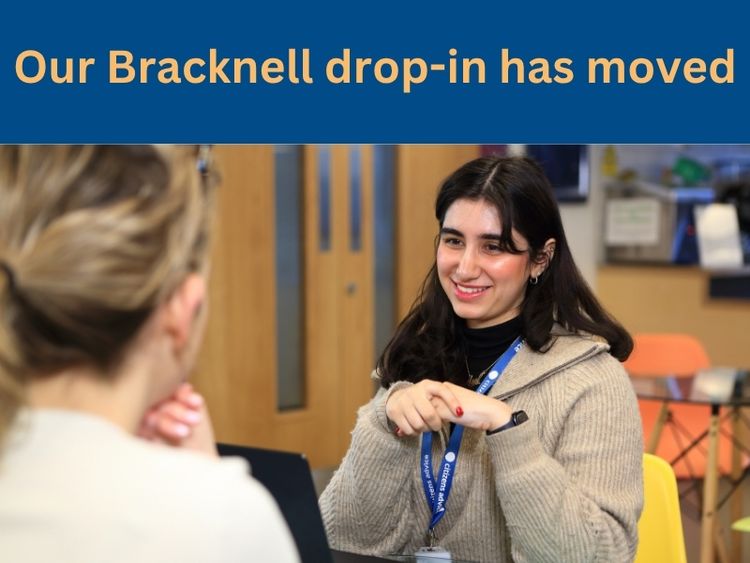 Banner reading ‘Our Bracknell drop-in has moved’ above an image of an advice session between a Citizens Advice adviser and a client in a community setting