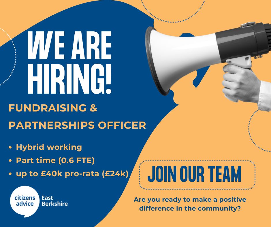 Recruitment graphic for Citizens Advice East Berkshire advertising a Fundraising & Partnerships Officer role, featuring a megaphone, hybrid working, part-time hours and salary information.